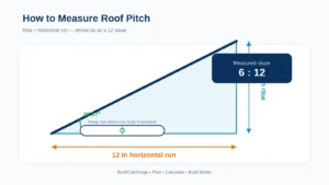 Roof pitch measurement diagram showing 6 inches of rise over 12 inches of horizontal run