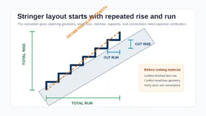 Stair stringer layout diagram showing cut rise, cut run, total rise, total run and geometric slope length